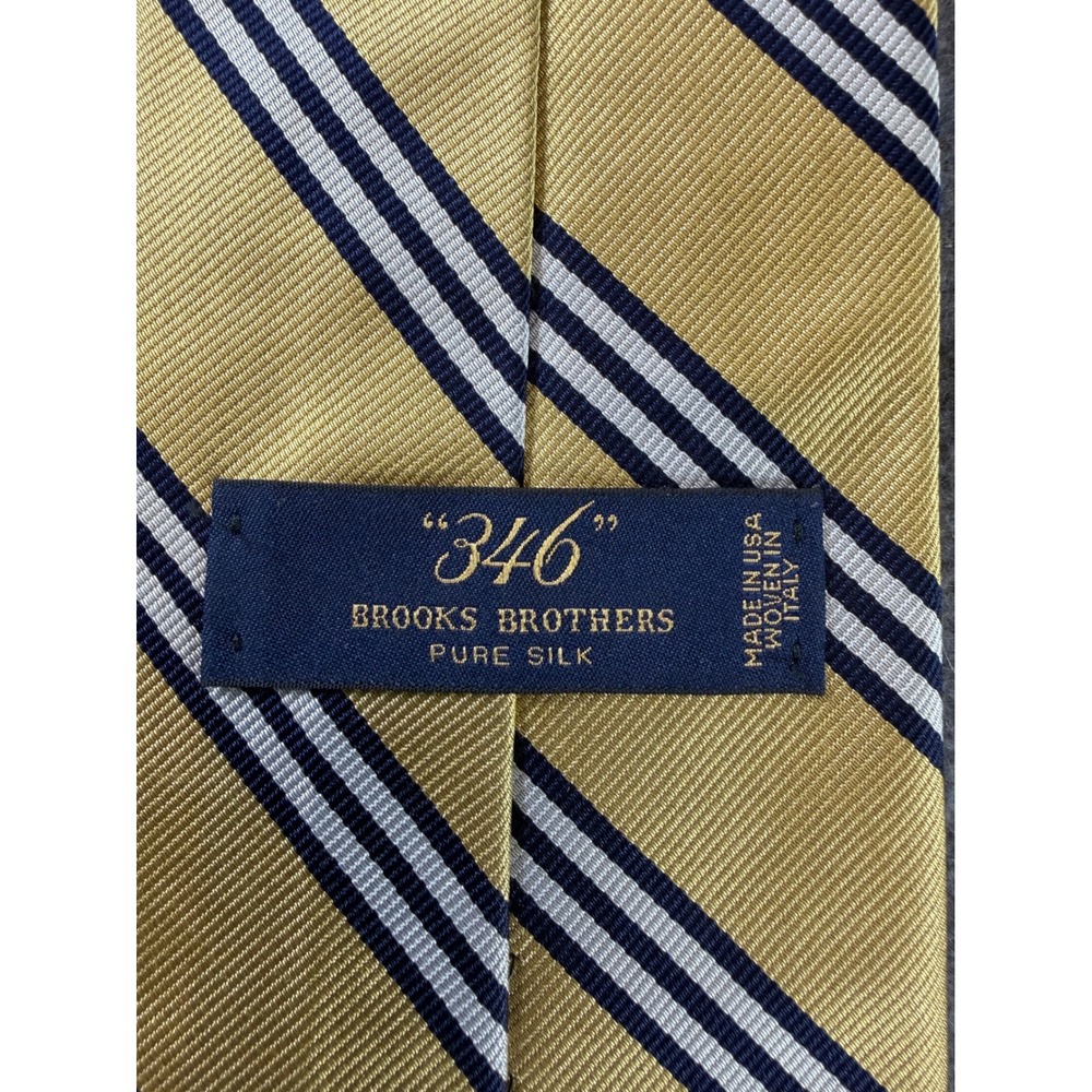 Brooks Brothers Necktie Mens Gold Navy Blue White Striped Silk 346 Italy - Picture 2 of 4